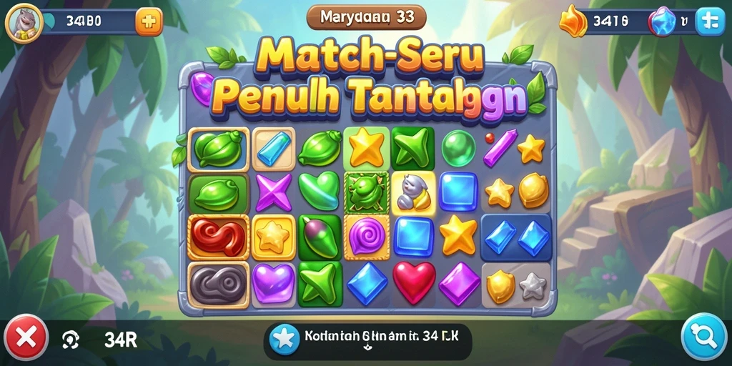 Screenshot 34R menampilkan gameplay Match-3 yang seru dan penuh warna.