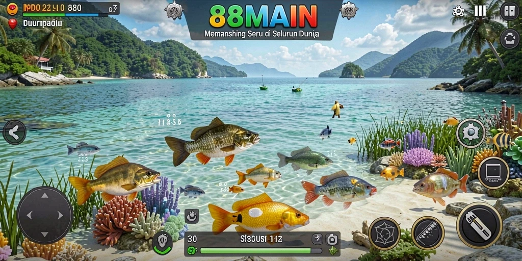 Tampilan seru gameplay memancing di 88MAIN dengan berbagai lokasi.