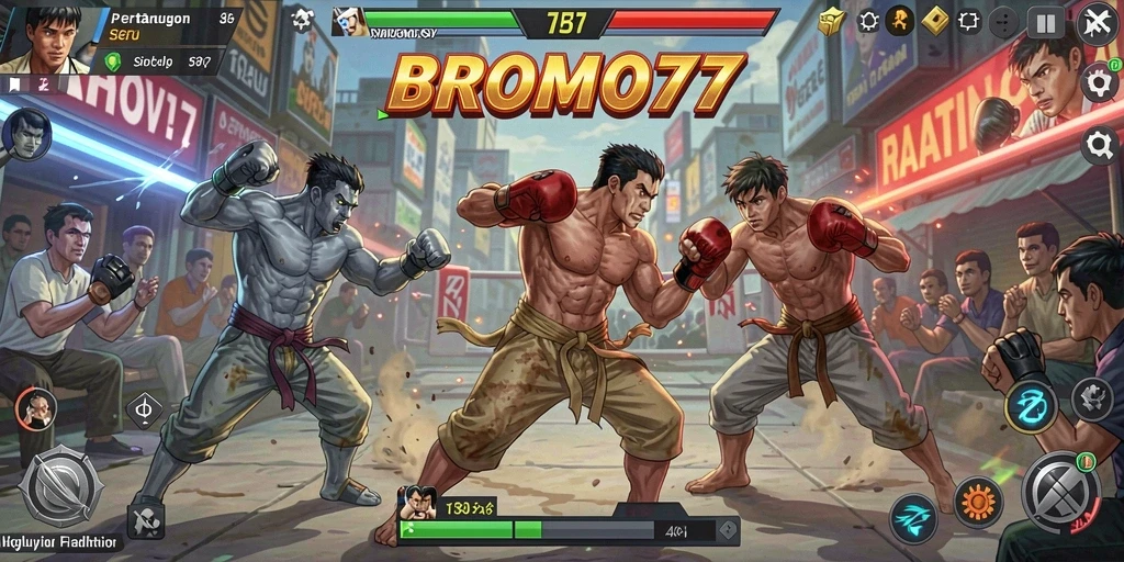 Screenshot BROMO77 menampilkan pertarungan epik di arena Fighting.