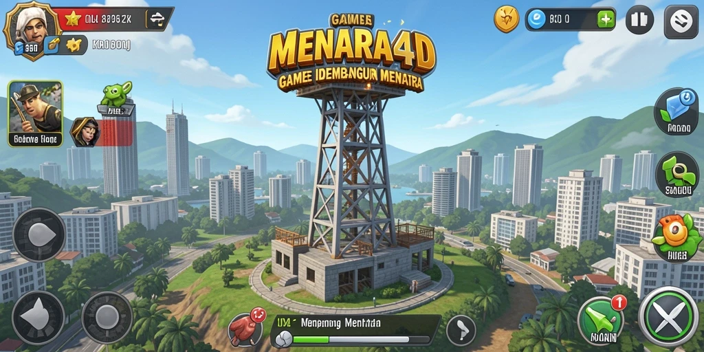 Tampilan gameplay MENARA4D yang menakjubkan dengan menara yang terus berkembang.