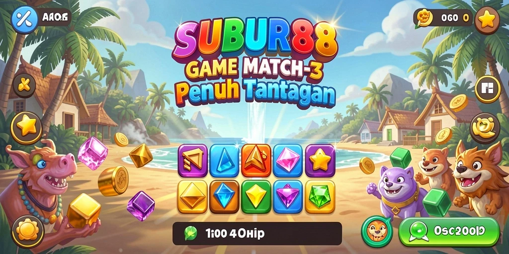 Tangkapan layar SUBUR88 menunjukkan gameplay Match-3 yang seru dan penuh warna.