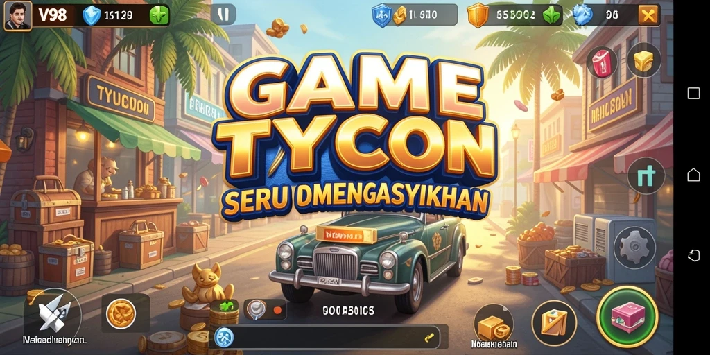 Screenshot gameplay V98 menunjukkan keseruan dalam membangun bisnis.